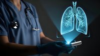 Medical professional in blue scrubs holding tablet with holographic lung anatomy display for healthcare technology and respiratory medicine education.