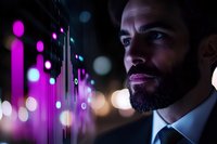 Bearded businessman in suit looking at glowing purple digital interface display with bokeh lights in dark modern office environment.