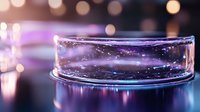 Transparent glass cosmetic jar with purple liquid and sparkling particles, isolated on blurred bokeh background for product packaging and beauty design.