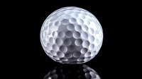 Golf ball with dimpled surface on reflective black background for sports and recreation designs.