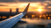 Airplane wing silhouette against golden sunset sky with blurred city lights bokeh. Dramatic view from passenger window during evening flight creates peaceful atmosphere.