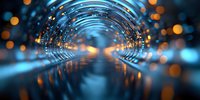 Futuristic tunnel with glowing blue and orange bokeh lights creating depth perspective, reflective surface shows symmetrical illuminated pathway. For tech backgrounds.