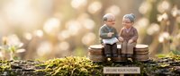 Elderly couple figurines sitting on coin stacks with secure your future sign in warm sunlight, representing retirement planning and financial security.