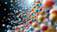 Colorful molecular structure with orange, blue and red spherical particles floating in dark space, scientific visualization of atomic bonds and connections.