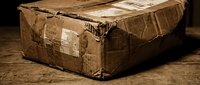 Vintage worn cardboard package with rope ties and shipping labels on rustic wooden surface for delivery and postal service concepts.