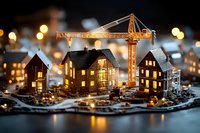 Miniature construction site with illuminated houses and tower crane at night, showcasing urban development in a tilt-shift effect.