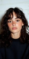 Young woman with natural freckles, curly dark hair, and bangs wearing black top against white background. Close-up portrait showcasing natural makeup and gold hoop earrings.