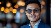 Professional Asian businessman with glasses smiling confidently in modern office environment with warm bokeh lighting for corporate presentations.
