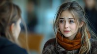 Young blonde woman with blue eyes wearing brown knitted scarf and sweater looking at reflection in mirror with thoughtful expression against blurred background.