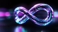 Glowing infinity symbol with digital circuit pattern in neon pink and blue colors against dark background, futuristic technology concept for digital transformation.