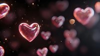 Glowing red and pink heart shapes floating in dark space with bokeh light effects and sparkling particles for romantic Valentine's Day designs.