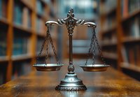 Decorative scales of justice on wooden table in law library with blurred bookshelves background, symbolizing legal system, justice and equality.