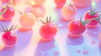 Fresh ripe cherry tomatoes on colorful gradient background with water drops and soft bokeh lights creating dreamy atmosphere for food photography.
