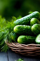 Fresh green cucumbers and dill in rustic wicker basket on dark wooden background. Natural organic vegetables for healthy eating and cooking.