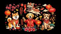 Cute dogs celebrating Chinese New Year with lanterns, firecrackers, and traditional decorations. Isolated on transparent background, ready for t-shirts, stickers, clipart, and print-on-demand designs.