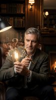 Mature Caucasian businessman holding glowing lightbulb with question marks in classic library office, representing innovation and problem-solving concepts.
