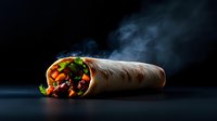 Fresh grilled chicken wrap with vegetables and herbs on dark background with dramatic lighting and steam, appetizing food photography for menu or advertising.