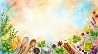 Watercolor cooking ingredients and herbs arranged on white background with fresh produce, spices, and kitchen utensils for culinary design projects.