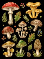 Watercolor forest mushroom clipart set with berries, ferns, and leaves, isolated on transparent background. Great for stickers, t-shirt design, and print on demand.