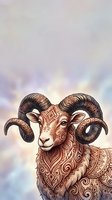 Ornate ram with intricate tribal patterns and curved horns against soft pastel sky background for spiritual and zodiac themed designs.