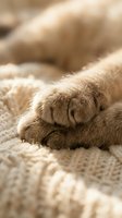 Close-up of soft cat paw with extended claws resting on cozy knit blanket in warm natural light creating peaceful domestic atmosphere for pet care content.
