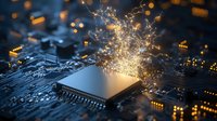 Explosive sparks emanating from computer processor on circuit board with glowing elements, dramatic lighting creates futuristic technology concept for computing power.