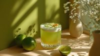 Green citrus cocktail with lime garnish on wooden surface in warm sunlight with shadow play and minimalist decor.