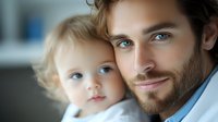 Young bearded Caucasian man in blue shirt with small blond child looking at camera, close up portrait against blurred background. Tender family moment.