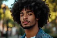Young African American man with natural afro hairstyle and facial hair wearing denim jacket, photographed outdoors with soft bokeh background in warm evening light.