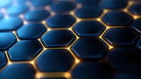 Glowing hexagonal grid pattern with golden light between dark blue metallic cells creates futuristic technological background for science presentations.