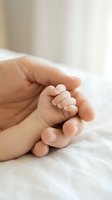 Newborn infant hand grasping adult finger in tender moment, symbolizing family bond, parenthood, and new life. Soft natural lighting on white fabric background.