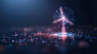 Glowing digital wind turbine visualization with network connections and light particles against dark background, representing renewable energy technology.