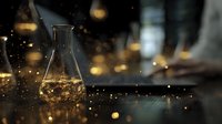 Glass laboratory flask with golden liquid and magical sparkles on dark background, creating mystical scientific atmosphere in research lab setting.