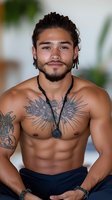 Young athletic Hispanic man with chest tattoos and dreadlocks sitting shirtless, displaying muscular physique and confident smile against light background.