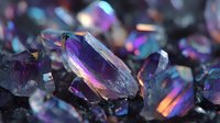 Vibrant purple amethyst crystal formation with iridescent rainbow reflections on dark background, showcasing natural mineral structure in macro photography.