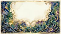 Ornate vintage frame with scrolling acanthus leaves and flourishes in deep blue, teal, and gold tones on cream background, isolated on white for design projects.