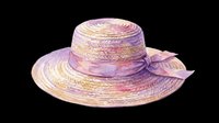 Watercolor straw sun hat with purple ribbon, isolated on transparent background. Ready for t-shirt design, stickers, clipart, print on demand, and sublimation projects.