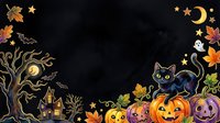 Spooky autumn night scene with black cat, jack-o-lantern pumpkins, haunted house, bare tree, moon and stars on dark background. Halloween seasonal decoration.