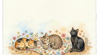 Three adorable cats sitting together surrounded by colorful flowers and paw prints on cream background for pet lovers and animal themed designs.