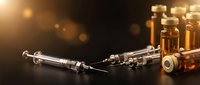 Medical syringes and amber glass vials arranged on dark surface with golden bokeh light, pharmaceutical concept for healthcare and medicine.