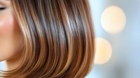 Close up view of straight brown ombre hair with soft bokeh lights in background, showing smooth texture and healthy shine. Professional hairstyling and coloring result.