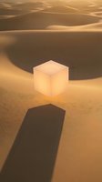 Glowing translucent cube floating above golden desert sand dunes with dramatic shadow cast on textured surface during warm sunset lighting conditions.