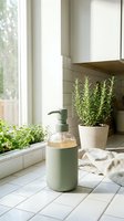 Modern kitchen windowsill with green soap dispenser, rosemary herb plant and microgreens creating clean minimalist home interior design aesthetic.