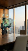 Businessman presenting circular economy trends with holographic interface in modern office conference room overlooking city skyline at sunset.