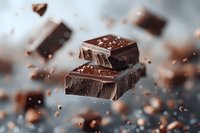 Broken dark chocolate pieces floating in air with scattered cocoa crumbs and particles against blurred gray background, macro food photography with shallow depth of field.