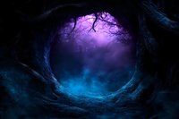 Mystical dark forest portal with glowing purple and blue misty atmosphere, twisted tree branches creating magical circular frame. Spooky fantasy woodland scene.