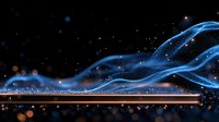 Glowing blue waves of light with sparkles and bokeh effects flow across dark background, creating magical atmosphere for technology and innovation designs.