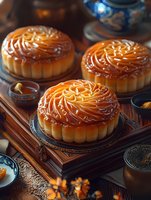 Traditional mooncakes with ornate patterns served on wooden tray with oriental tea set and autumn decorations in warm ambient lighting, celebrating Mid-Autumn Festival.