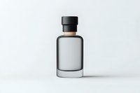 Clear glass bottle with black cap on white background, minimalist luxury packaging design for cosmetics, spirits or fragrance. Isolated product photography.