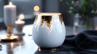 White ceramic candle holder with gold metallic drip effect decoration on dark surface with glowing candles and soft fabric in moody atmosphere.